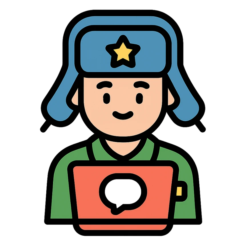 military blogger from Russian army wearing an ushanka hat sticker