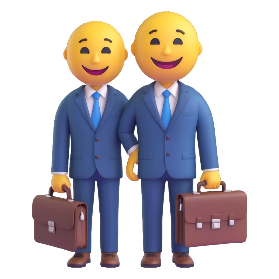 3D smiley emoji, round shape, lawyer suit with briefcase, smiling face sticker