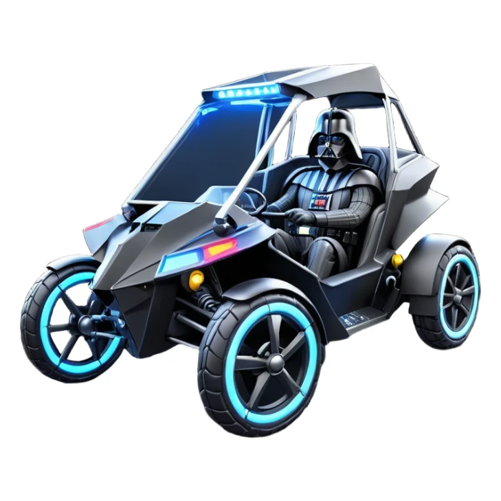 Mad max survival apocalypse ghostly sporty futuristic electric Darth Vader’s Batman-armored 1876 black graphite colored enclosed twin seat town buggy with horizontal holographic 3d stars painted on the body sides and neon under glow  sticker