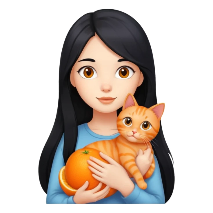 girl with long black hair holding an orange cat sticker