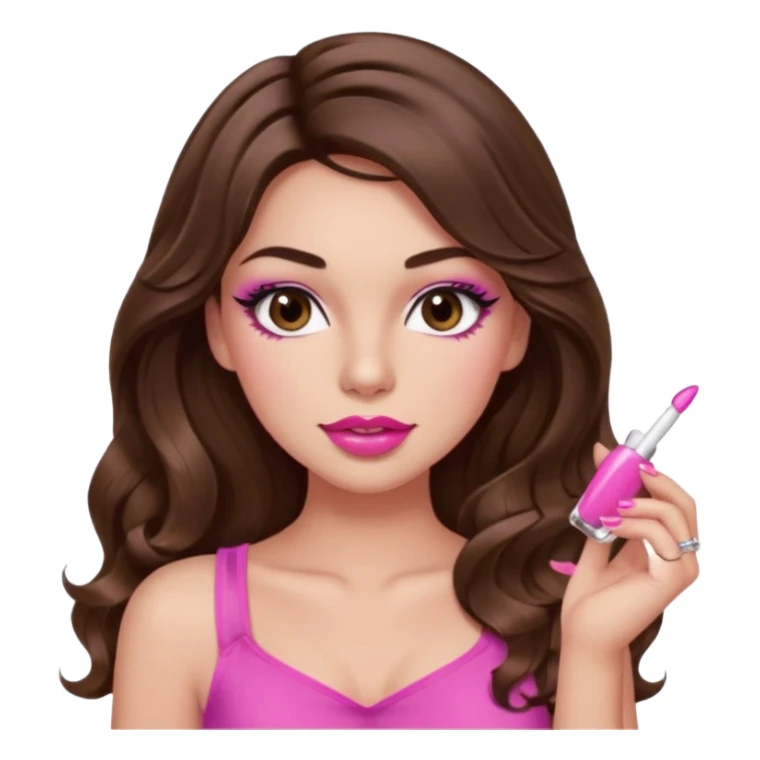 girl with long wavy brown hair, brown eyes, light to medium complexion, in a pink sexy top, pink puckered lips, long lashes, showing a manicure sticker