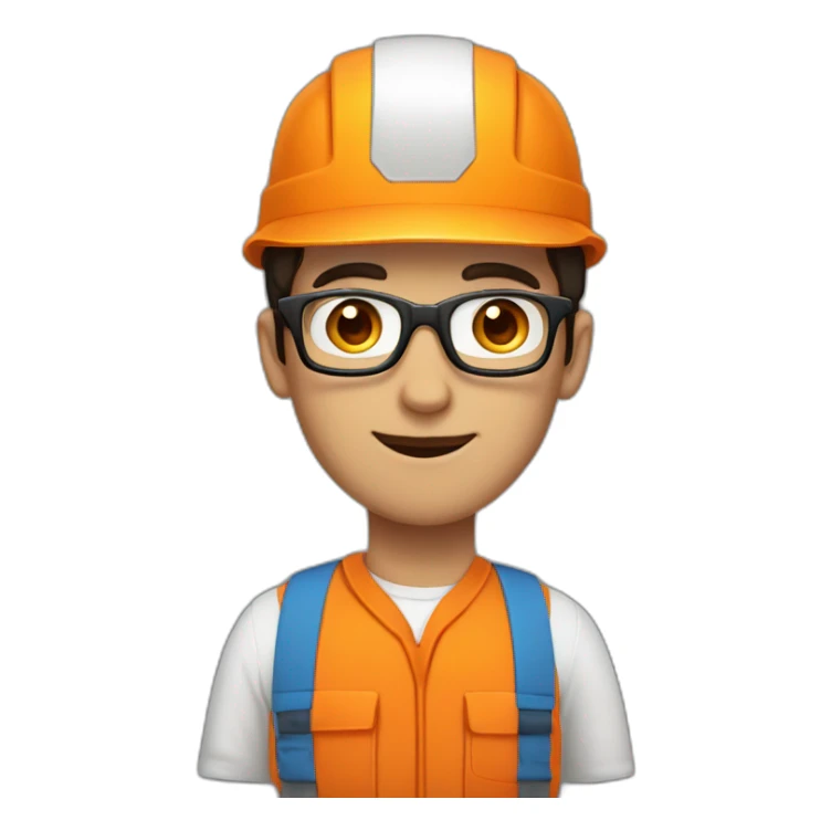 a dark-haired guy with square glasses, in an orange repairman's uniform, blue eyes, sticker