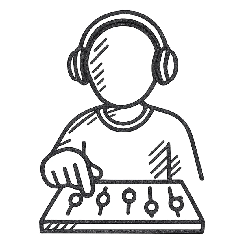 music producer adjusting a mixing console, simple lines, hand drawn black outline sticker