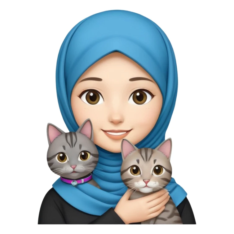 Asian White girl wearing hijab holding a black grey tabby cat while smiling.  The cat is wearing a blue collar sticker