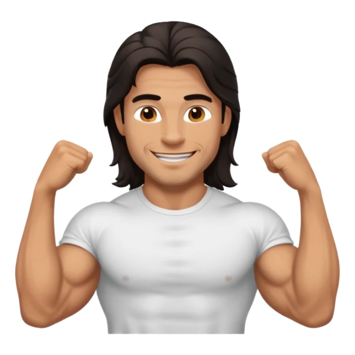 muscled happy guy, long dark hair, t-shirt sticker