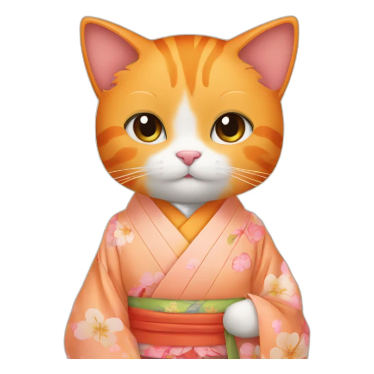 Beautiful orange cat wearing kimono and holding peach sticker