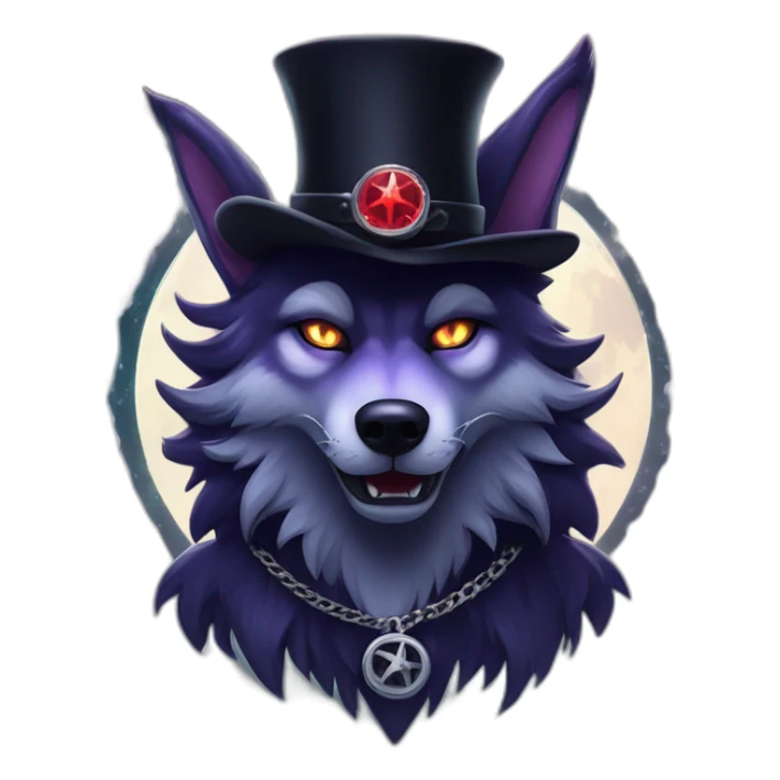 demonic wolf with a pentagram top hat and a pentagram chain with a haunting night background sticker