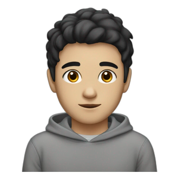 Boy with black hair, medium black eyes with a gray sweatshirt, with a thin face and semi-dark white skin sticker