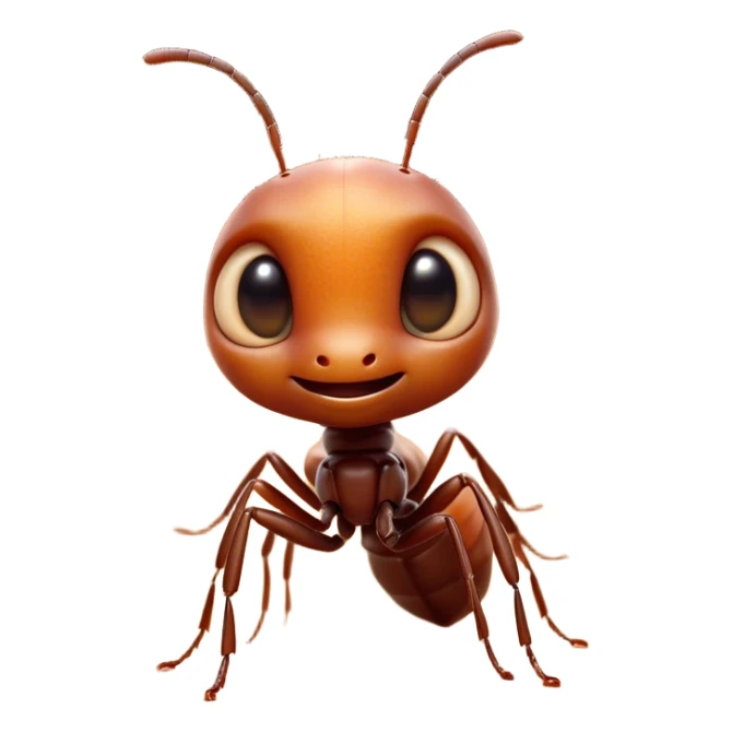 Cinematic Cute Ant Portrait Emoji, Head tilted playfully and inquisitively, featuring a minuscule, charming body with a delicately textured exoskeleton and round, sparkling eyes brimming with curious mischief, Simplified yet irresistibly adorable features, highly detailed, glowing with a warm, inviting earthy glow, high shine, affectionate and lively, stylized with a touch of whimsical industrious charm, soft glowing outline, capturing the essence of a mischievous ant that seems as if it could scurry out of the screen into your arms! sticker