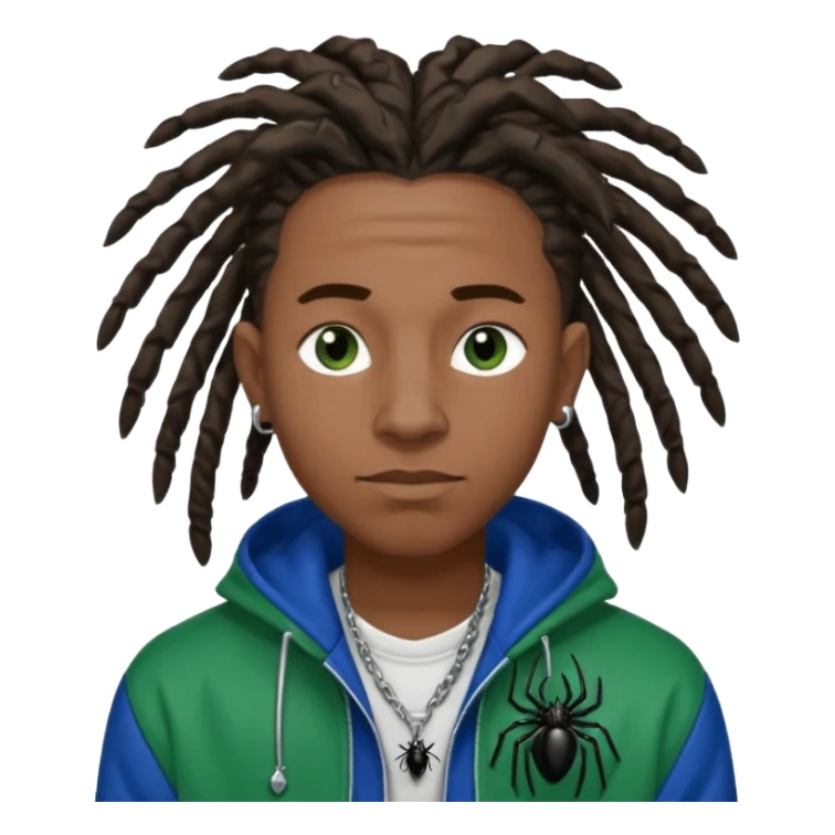 create a black male with locs and silver ear piercings and a left nose piercing and a spider necklace that’s black along with a varsity jacket that’s blue and green sticker