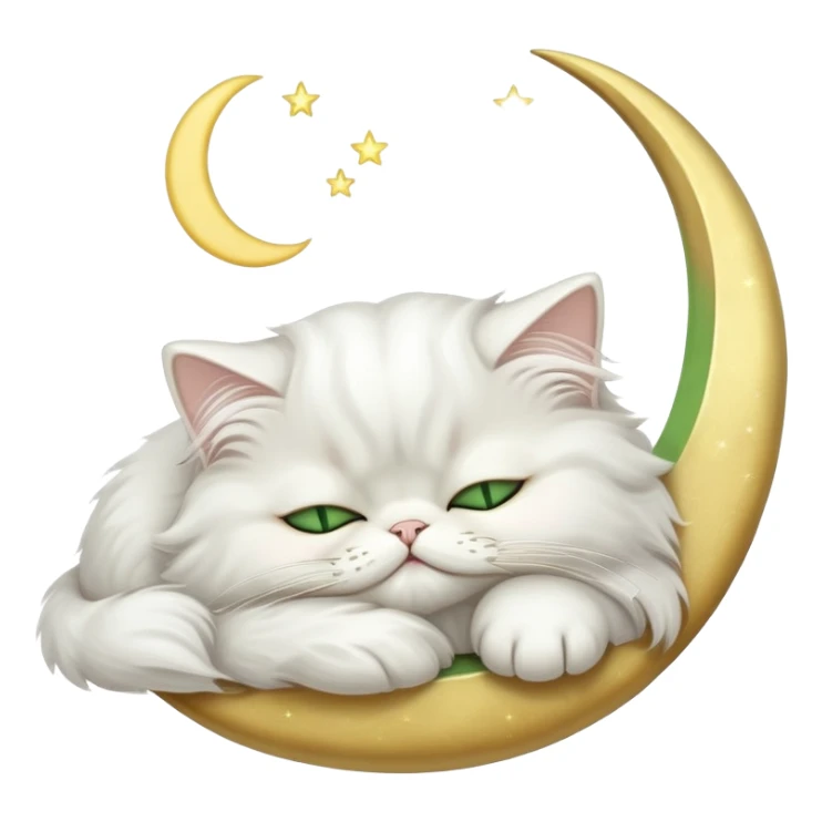 White Persian cat with green eyes sleeping on crescent moon  sticker