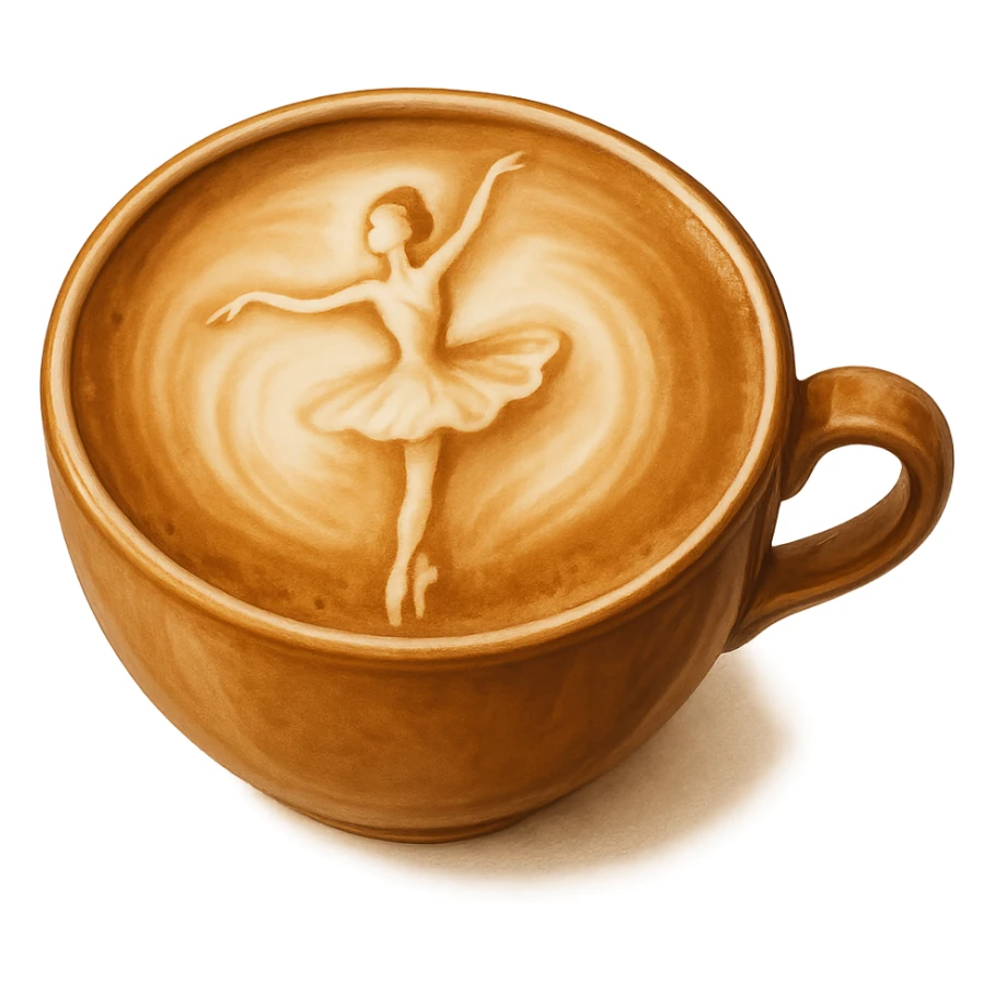 a cappuccino cup with elegant and charming latte art shaped like a ballerina, warm tones, no background sticker