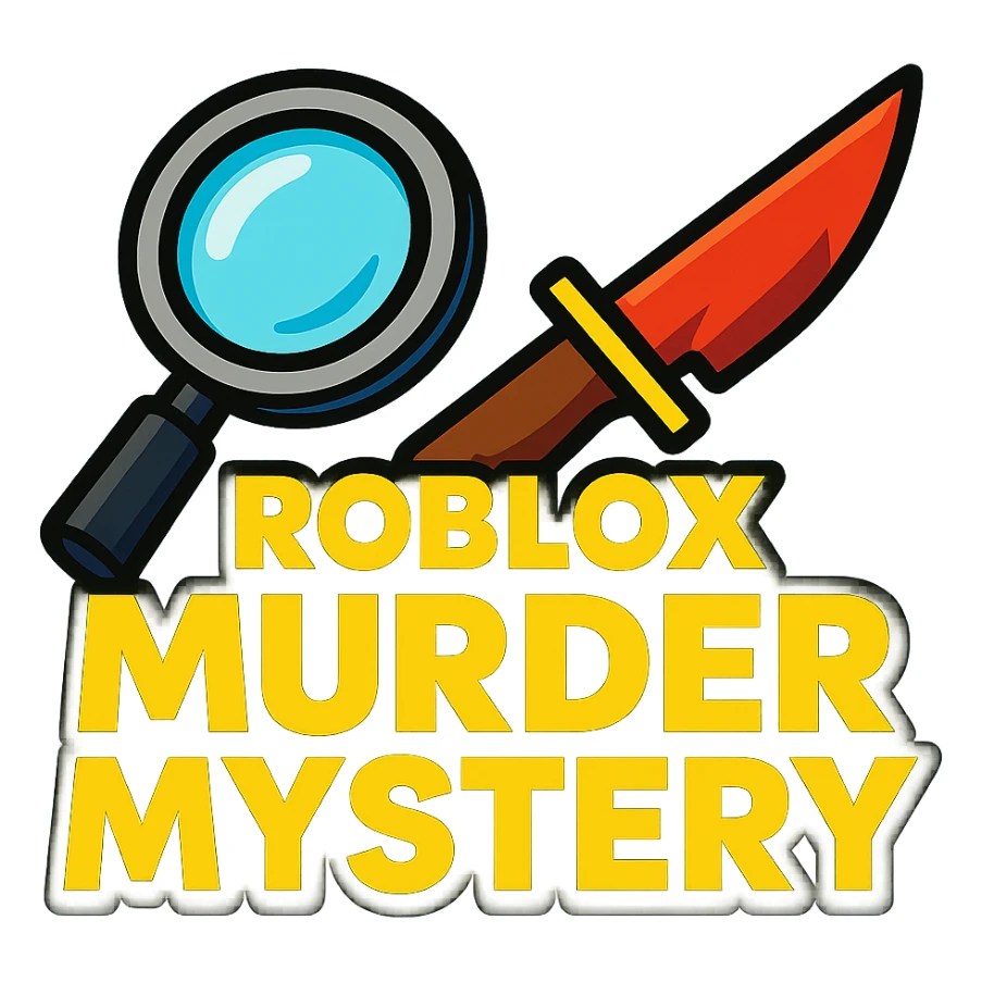 Roblox Murder Mystery logo with bold text, knife and magnifying glass, vibrant toon style sticker