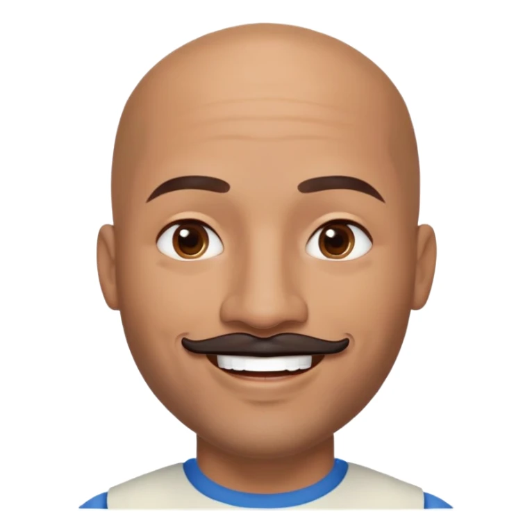 Oxumarê as a very happy smiling 37-year-old bald Black man with smooth oval head, indigenous facial features, mustache with goatee (no hair on sides of face), contour from chin to lips, and a beauty mark on left side below lip, Memoji style sticker