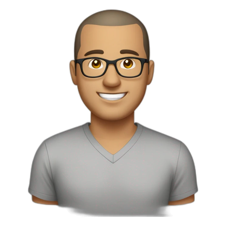 Late 30s man with buzz cut salt and pepper dark hair, thick frame glasses, with a round face and broad smile, medium nose, wearing a v-neck t-shirt sticker