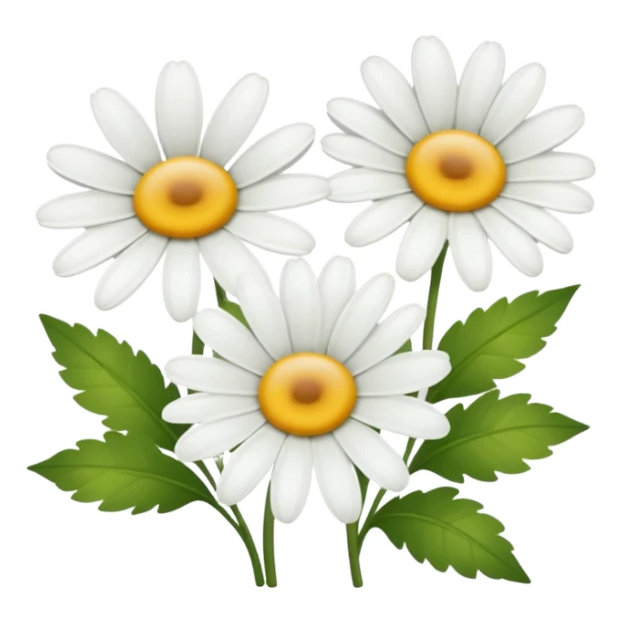 three white daisies with yellow centers and green leaves, cartoon style, soft rounded shapes, clean background sticker