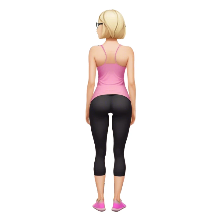 View from knees up, view from the back, fair skinned woman, thick milf, short blond hair, small reading glasses, cooking dinner in kitchen, pink loose tank top, showing natural B cup breast shape SFW, black yoga pants, large curvy booty sticker