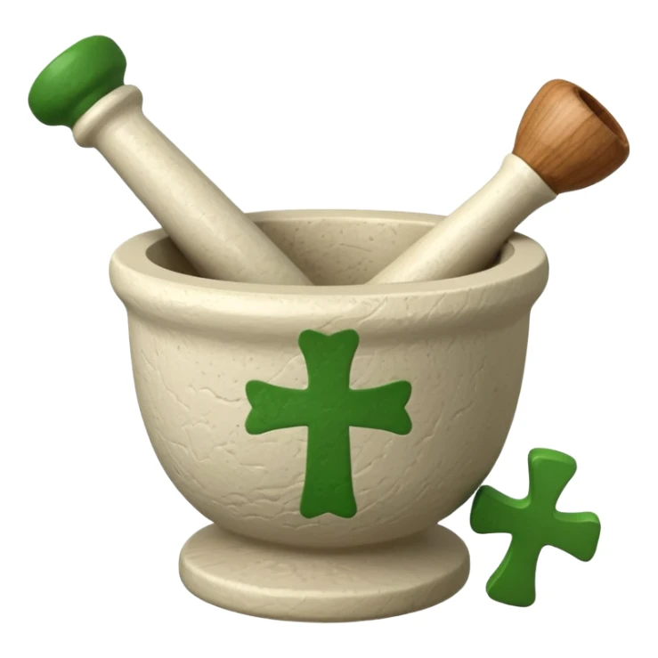 mortar with pestle, with green cross on mortar. only one pestle sticker