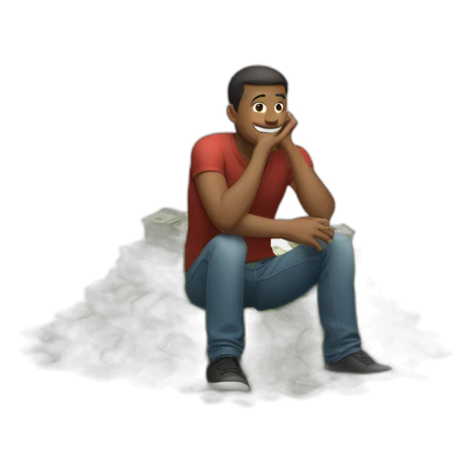 man sitting on a huge pile of money  sticker