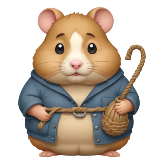 Fat cartoon-style hamster hobo carrying a bindle over its shoulder with a sad expression. sticker