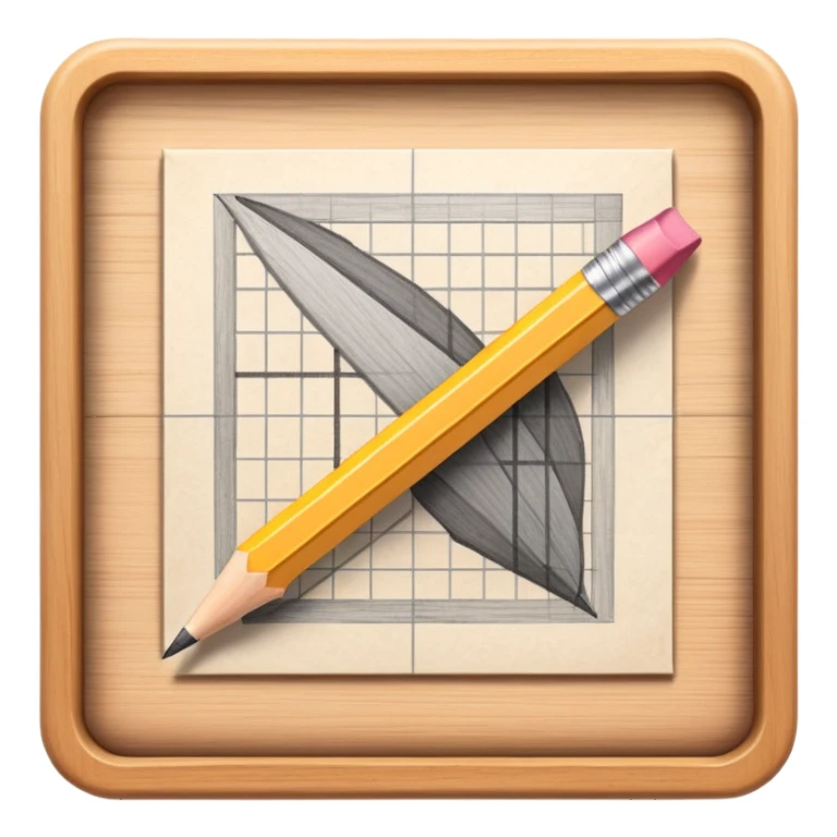 A pencil placed over a square paper grid, representing the sketching phase of a logo sticker