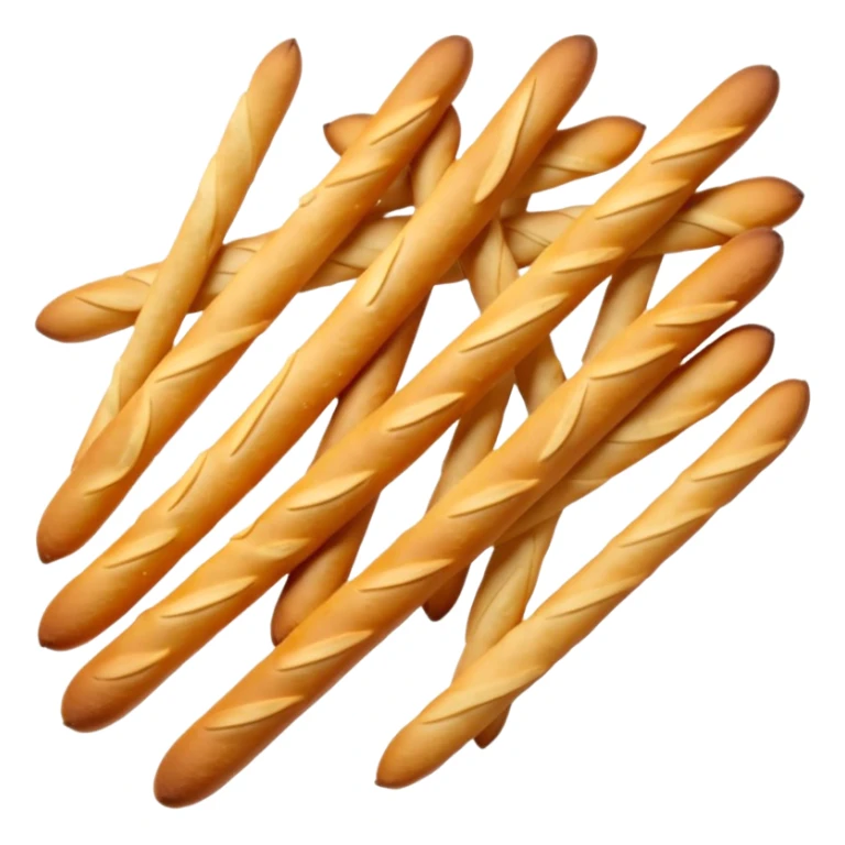 loose cluster of thin crunchy breadsticks with golden-brown slightly blistered surface and subtle curves, straight or slightly uneven sticks, crisp dry textures, rustic baked look, no packaging, no dip, no extras, soft lighting, subtle shadows, emoji scale sticker