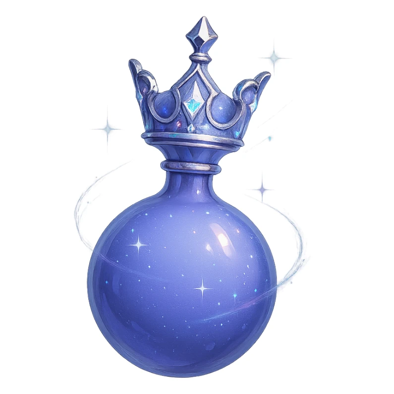 galutinis itin prabangus mažas eliksyro buteliukas, įkvėptas karūnos formos viršuje, spalva #7986cb, apačia sklandžiai pereina į apvalų, uždarą buteliuką (ne plokščia, ne stiklinė), visas buteliukas atrodo tarsi sklandytų ir suktųsi ore, elegantiškos sidabrinės ir holografinės detalės, magiški švytėjimai ir blizgesiai, labai mažas kaklelis, vientisa apvali apačia, skaidrus fonas, be pagrindo ar šešėlio, modernus, kolekcijai tinkamas stilius sticker