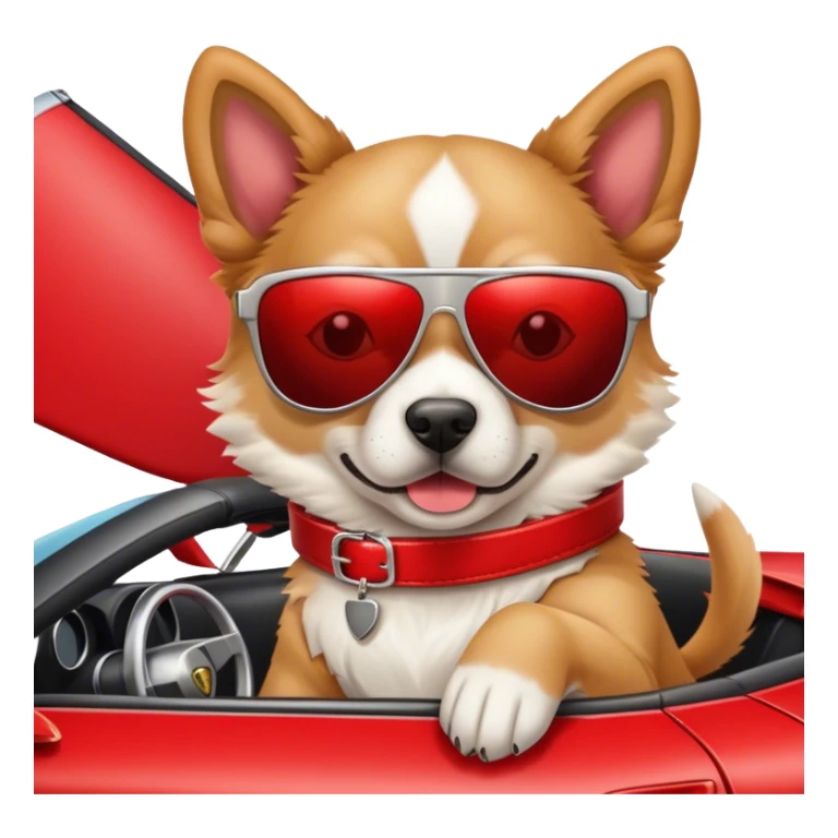 Dog wearing sunglasses in a Lamborghini with two guns sticker