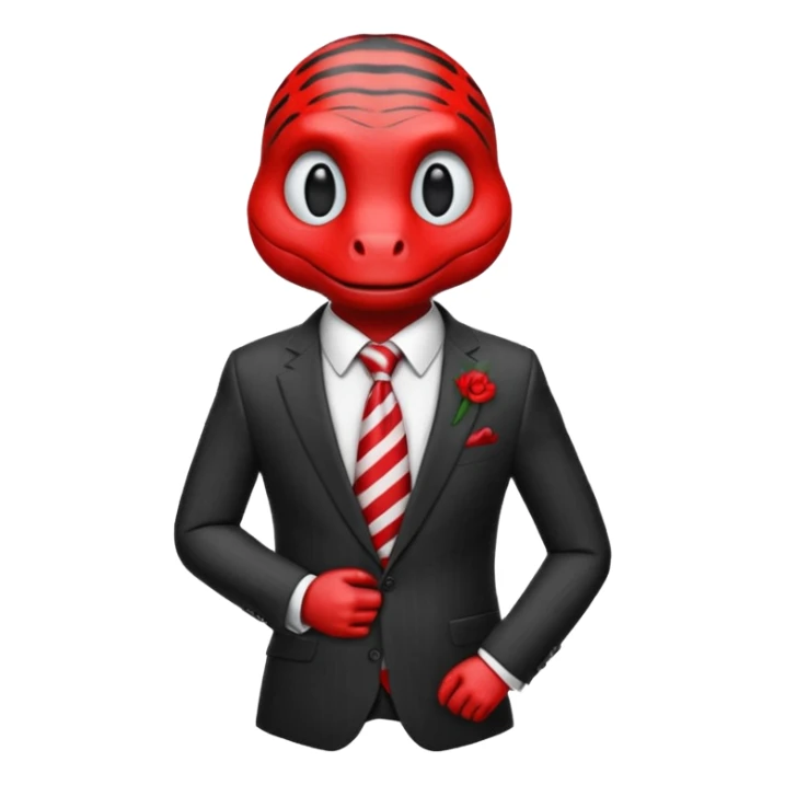 A reptilian humanoid dressing a suit, striped red and white tie, human emoji style, his face is seriously and sarcastic sticker