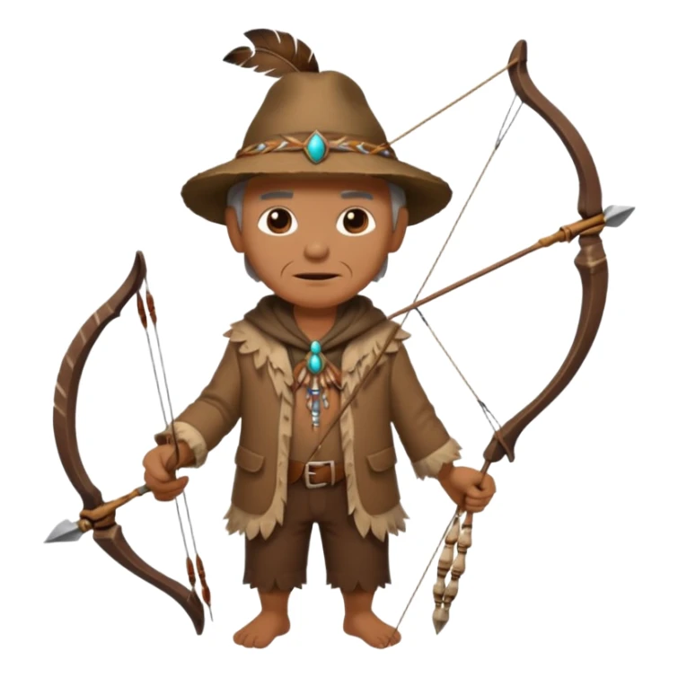 The classic image of a middle-aged uncle hunter carrying a bow, dressed in brown clothes, with some ornaments made of feathers, bones or teeth on his body. sticker