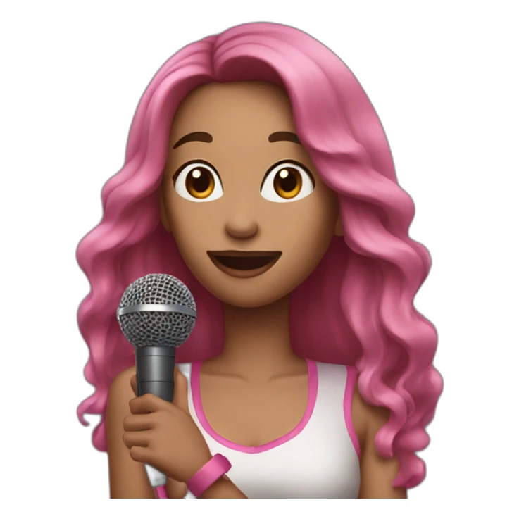 woman with long brown hair and pink highlights, with a microphone singing sticker