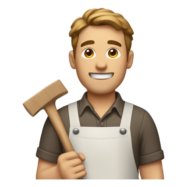 "A sturdy man with rough hands, short light brown hair, and a friendly, naive expression. He wears a work apron over simple clothes and holds a hammer or wood in a rustic workshop." sticker