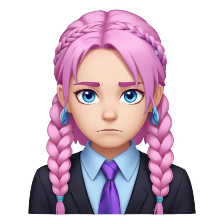Long-pale-pastel-pink-hair with one braid on each side, grumpy expression, purple-pink feather-ear-cuffs in hair, black bodysuit, blue eyes, pink iris, blue tie sticker