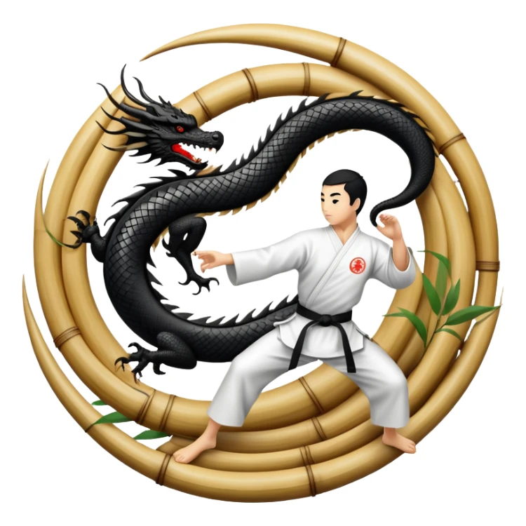 An icon symbolizing Eastern martial arts in the style of an emblem, featuring a black-and-white Yin-Yang symbol and a dragon at the center. A martial artist is performing a fluid kick, surrounded by elements like a dojo and bamboo. Transparent background highlights balance and power. sticker