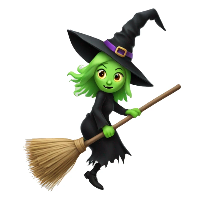Scarry witch, flying to the left on only one broom. Transparent background sticker
