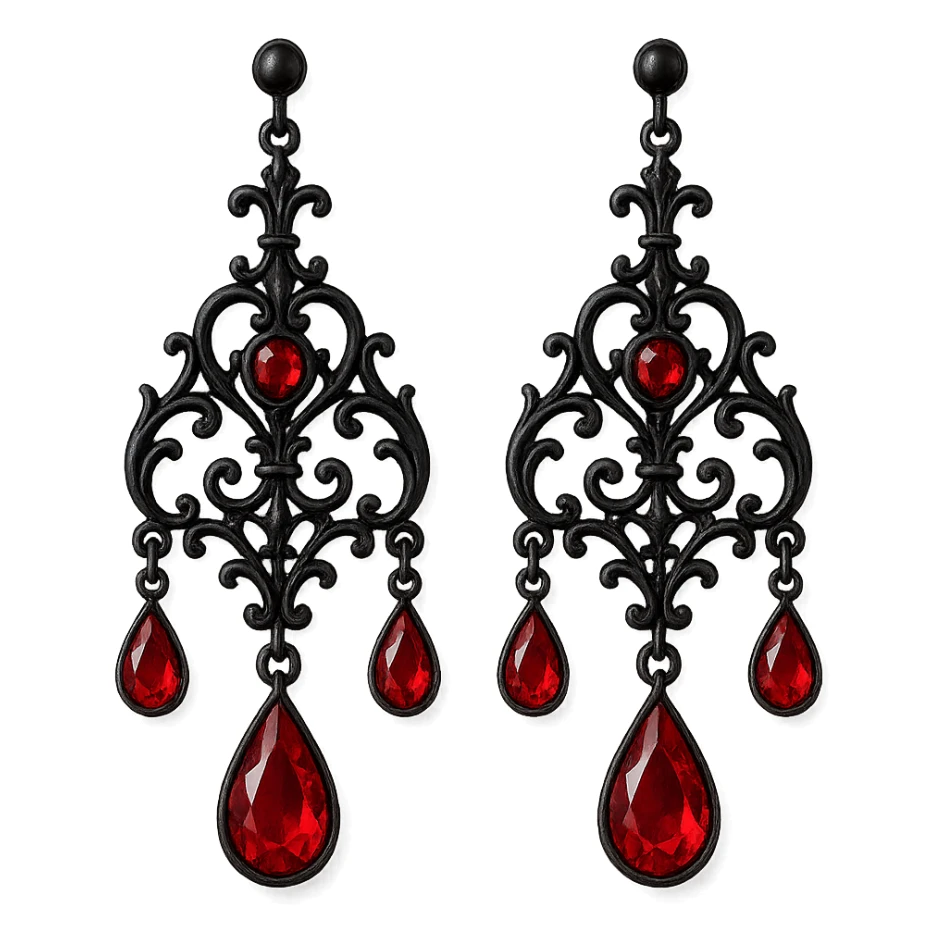 goth earrings, black chandelier with red gems, dramatic gothic style, elegant, detailed sticker