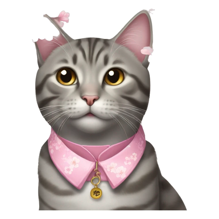 Grey tabby cat wearing a pink collar with one cherry blossom hanging from t sticker