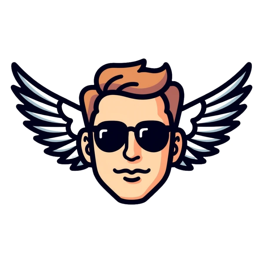 short-haired man with black sunglasses and wings sticker