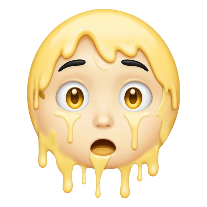 simple emoji, surprised face, classic yellow circular genderless emoji, 😮, long black hair, BREAK. goopy white liquid dripping from cheeks, goopy white cream on lips, goopy white cream in mouth sticker