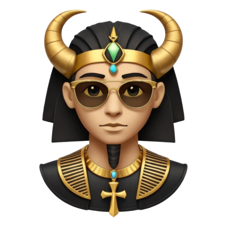3D cartoon horned character portrait, wearing sunglasses, gothic ancient Egyptian style, pharaoh collar, dark gold and black outfit, ankh symbols, Egyptian jewelry, mysterious expression, soft dramatic lighting, centered, clean background, no text, no watermark sticker