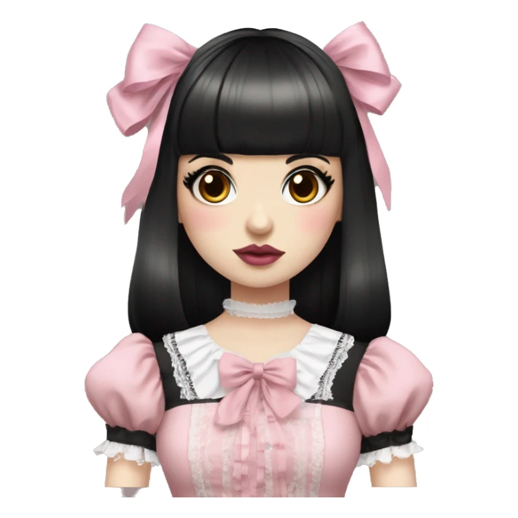 pale woman with short black hair and bangs, pink lips and eyeshadow, long eyelashes, brown eyes, pink Lolita dress with laces and ribbons, gothic Lolita doll look sticker