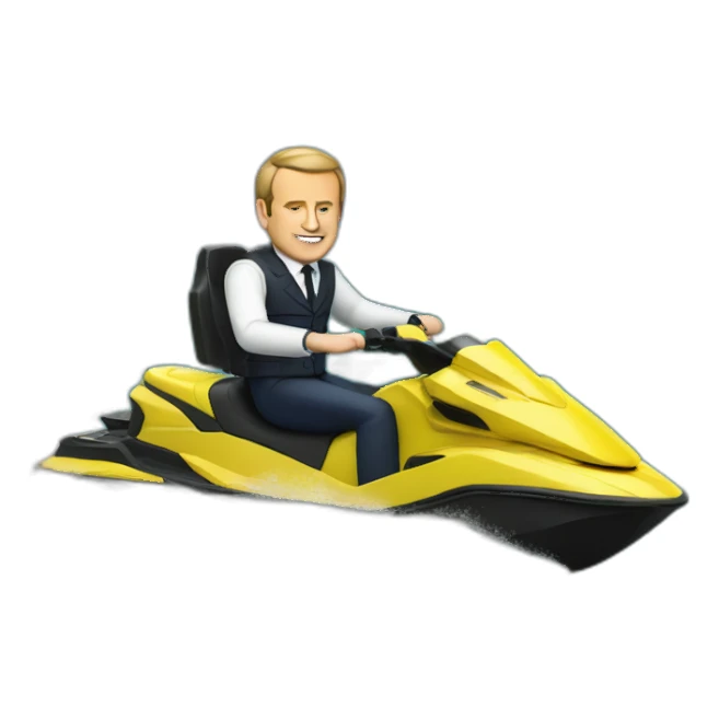Macron on a jetski with a beer and weed sticker