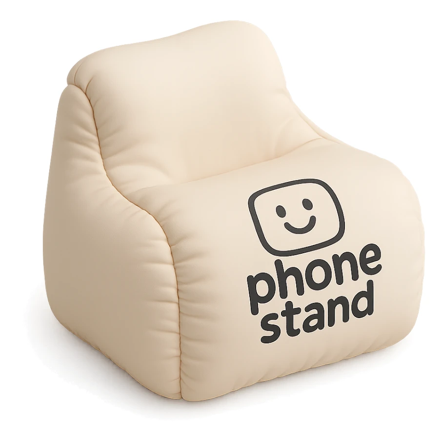 cute hand-drawn logo on a soft cushion-shaped phone stand, playful branding gadget sticker