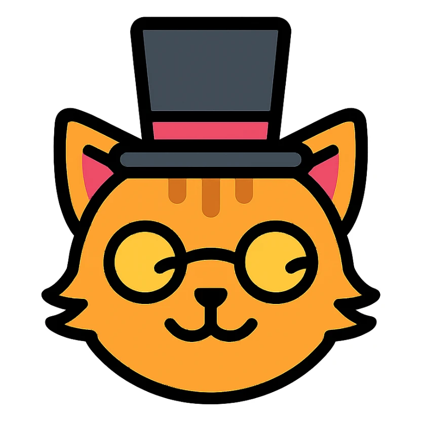 cat with a gibus hat and half moon glasses, clean vector icon style, simple and clear lines sticker