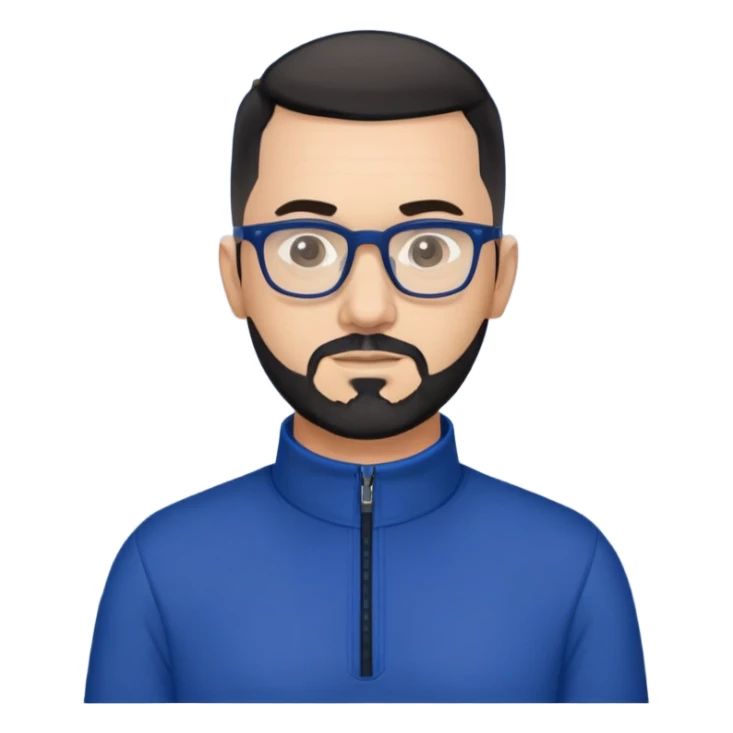 Light-skinned 40-year-old male with buzzcut black hair, gray short beard, black-framed glasses, navy blue zip-collar sports long sleeve shirt sticker