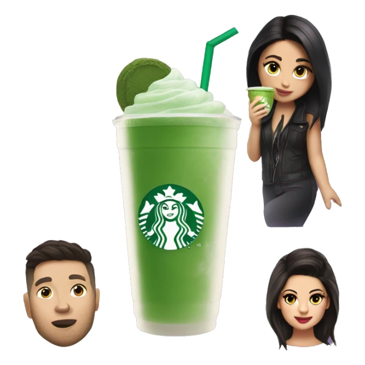 A matcha Drink with ice cubes in a starbucks cup, while selena gomez is holding it sticker