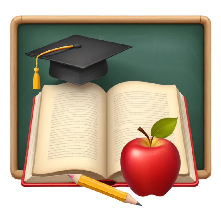 An icon featuring an open book, a pencil, and an apple, symbolizing education and pedagogy. The design includes a chalkboard with a lesson plan and a graduation cap, representing teaching and learning. Transparent background highlights the nurturing of knowledge and growth. sticker