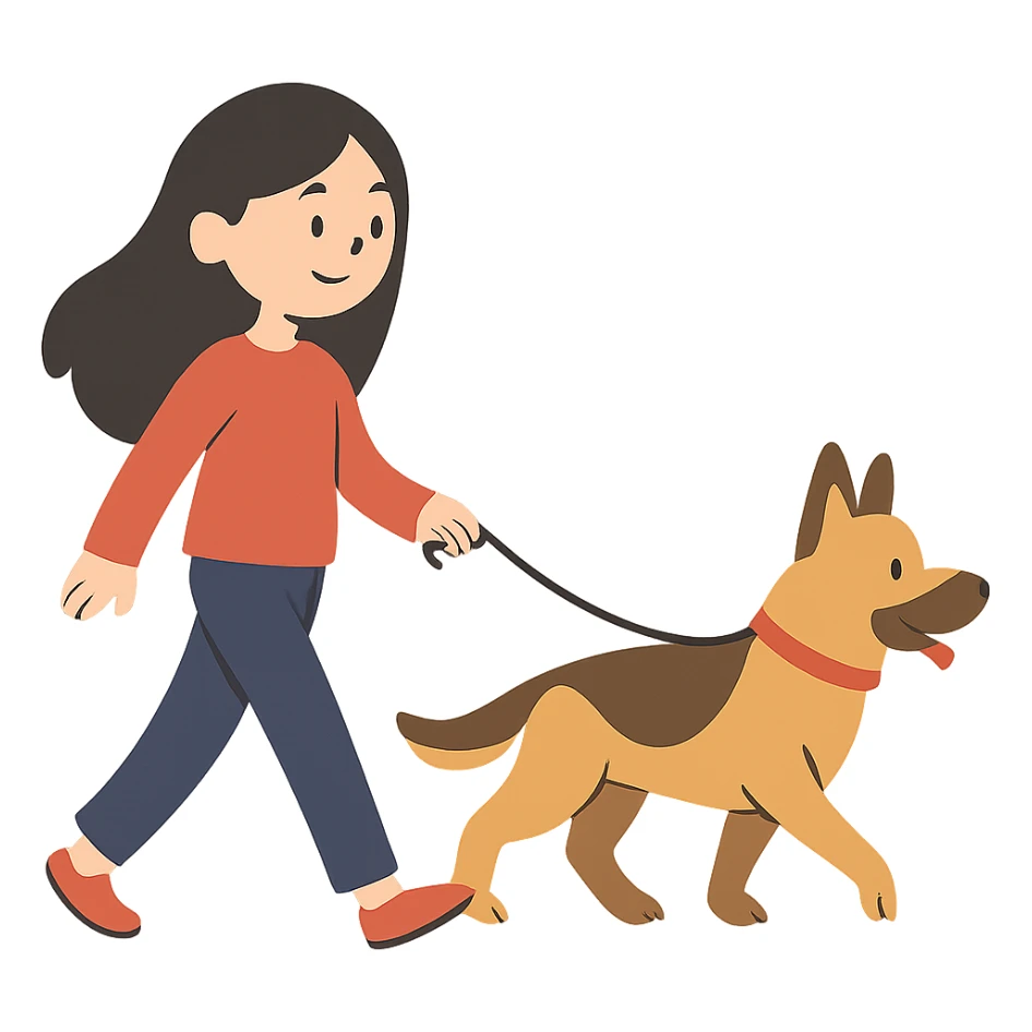 flat toon style girl with long black hair walking a German Shepherd sticker