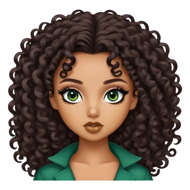 curly long dark brown hair, tan skin,  dark green iris, pretty bratz baddie, black eyeliner sticker