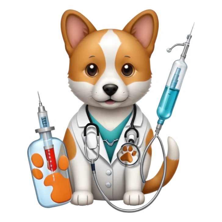 An icon featuring a stethoscope, a paw print, and a syringe, symbolizing veterinary medicine. The design includes a dog and a cat, alongside medical tools, representing animal care, diagnosis, and treatment. Transparent background highlights the science of animal health and well-being. sticker